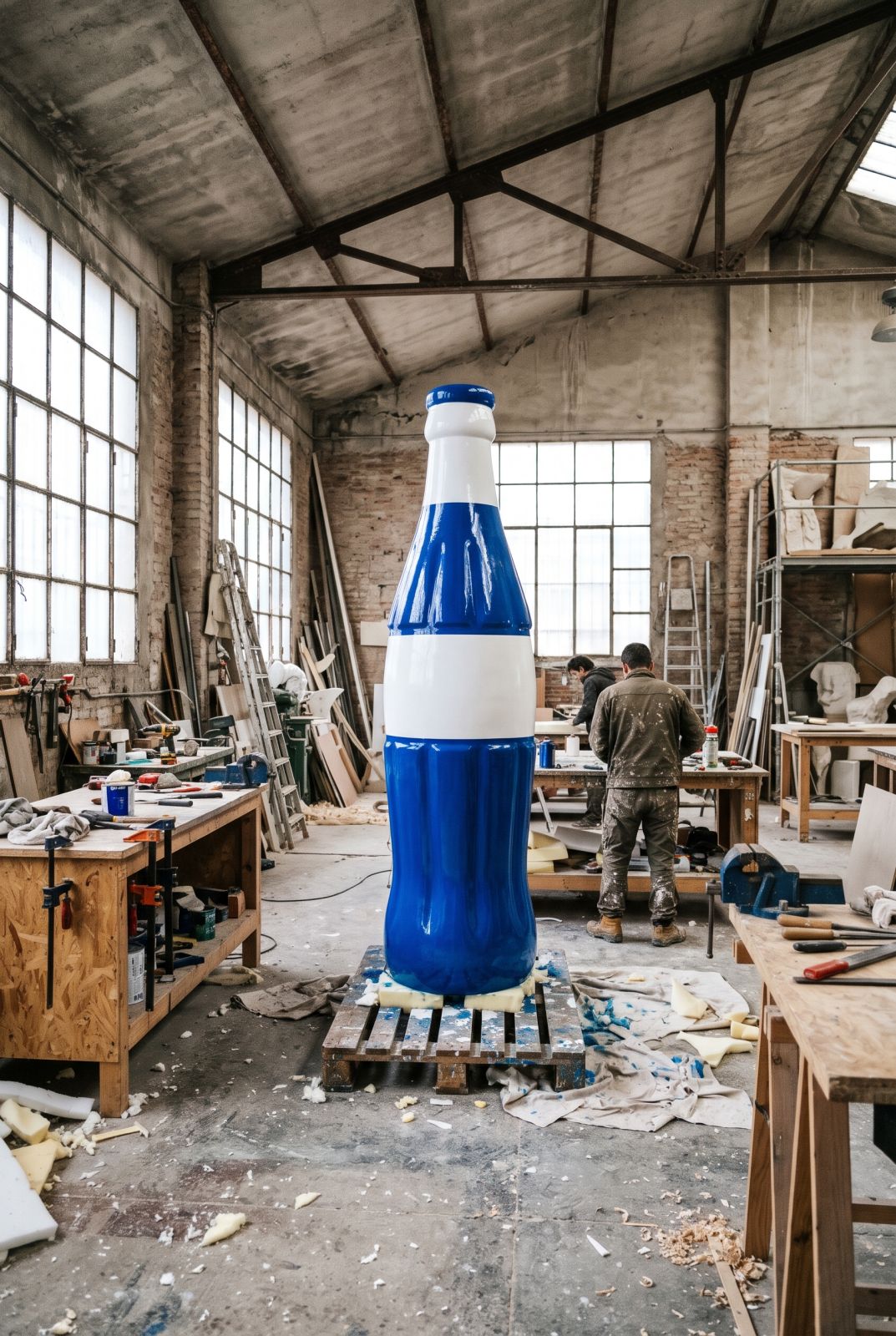 Réplica gigante de una botella pintada en azul y blanco, sobre un palé en el taller