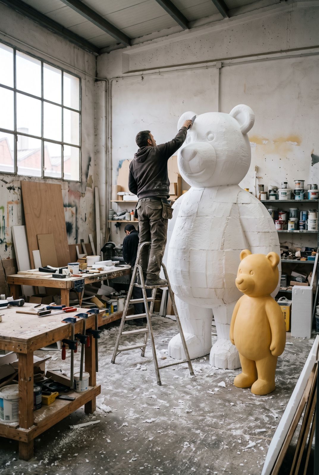 Escultura en poliespán en el taller: un personaje blanco recién desbastado junto a otro pintado en amarillo