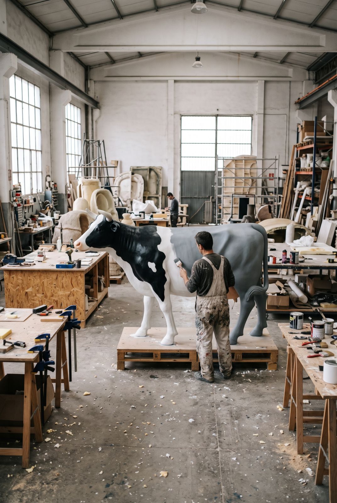 Esculturas de animales a tamaño real: vaca de fibra de vidrio a medio pintar en el taller