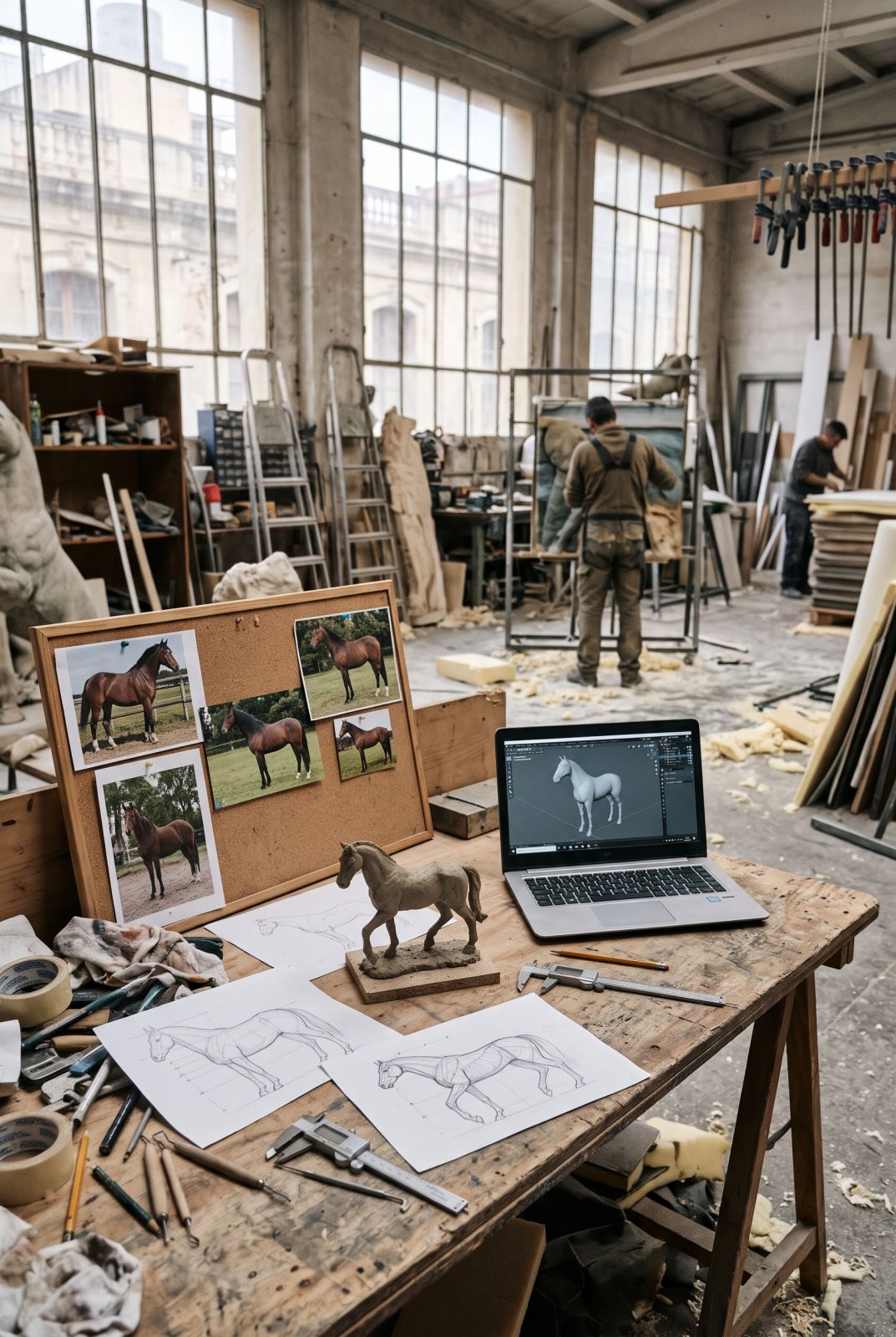 Bocetos anatómicos, maqueta de un caballo y portátil con el modelo 3D en gris