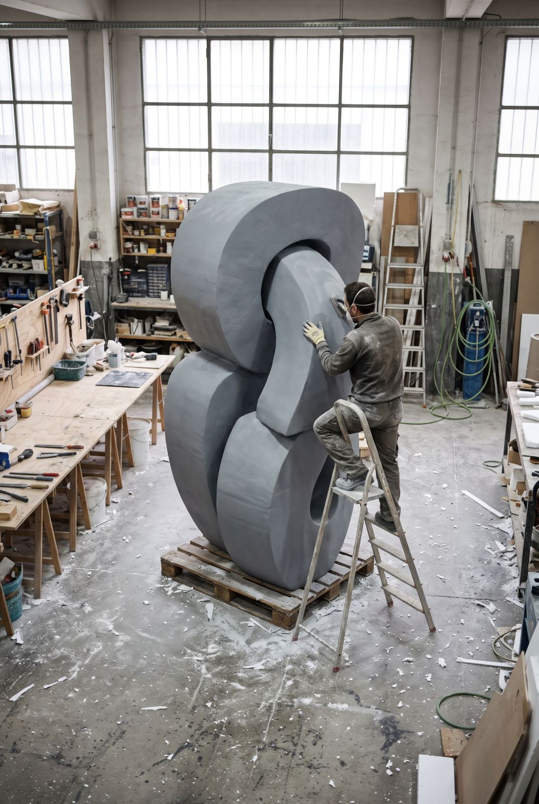 Esculturas personalizadas en proceso: pieza abstracta de gran formato con imprimación gris en el taller