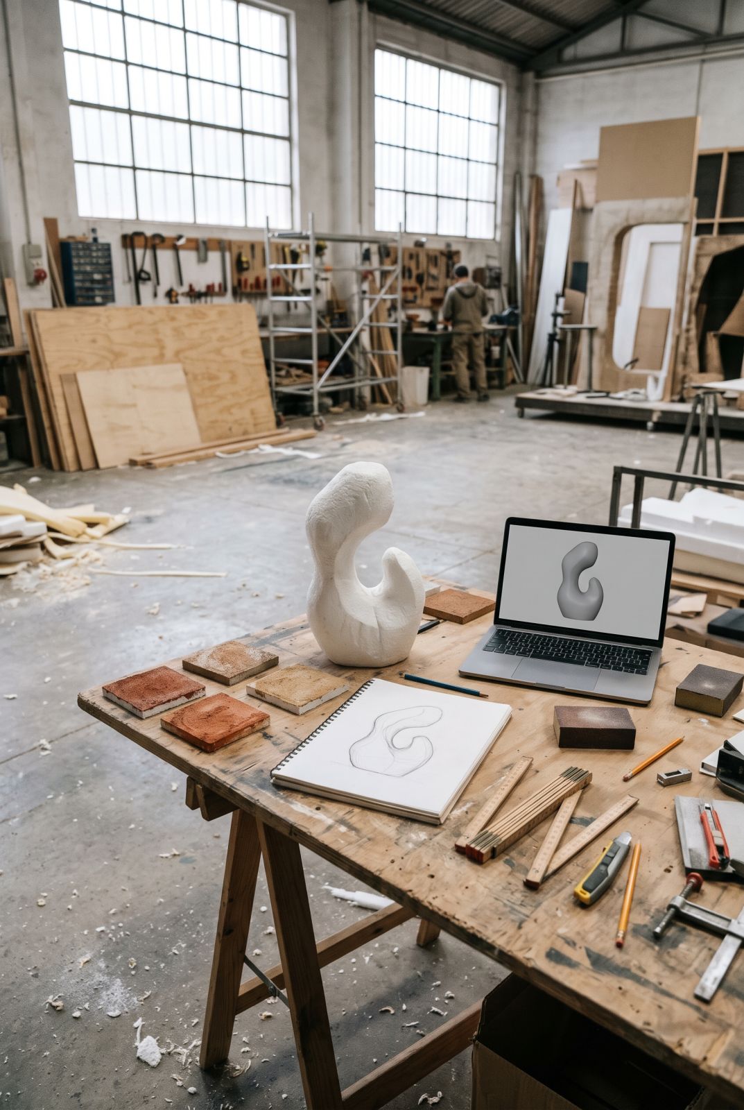 Boceto, maqueta a escala, regla plegable y portátil con modelo 3D en el banco