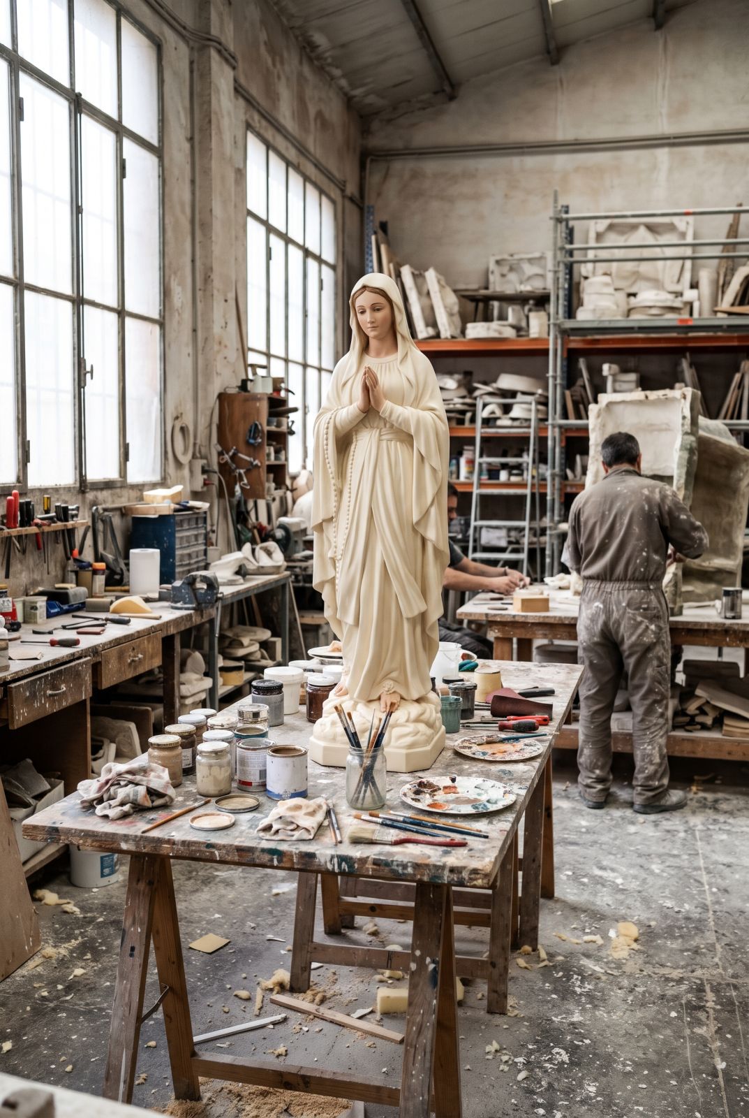 Trabajo de escultor imaginero: Virgen en resina a medio policromar sobre la mesa de trabajo
