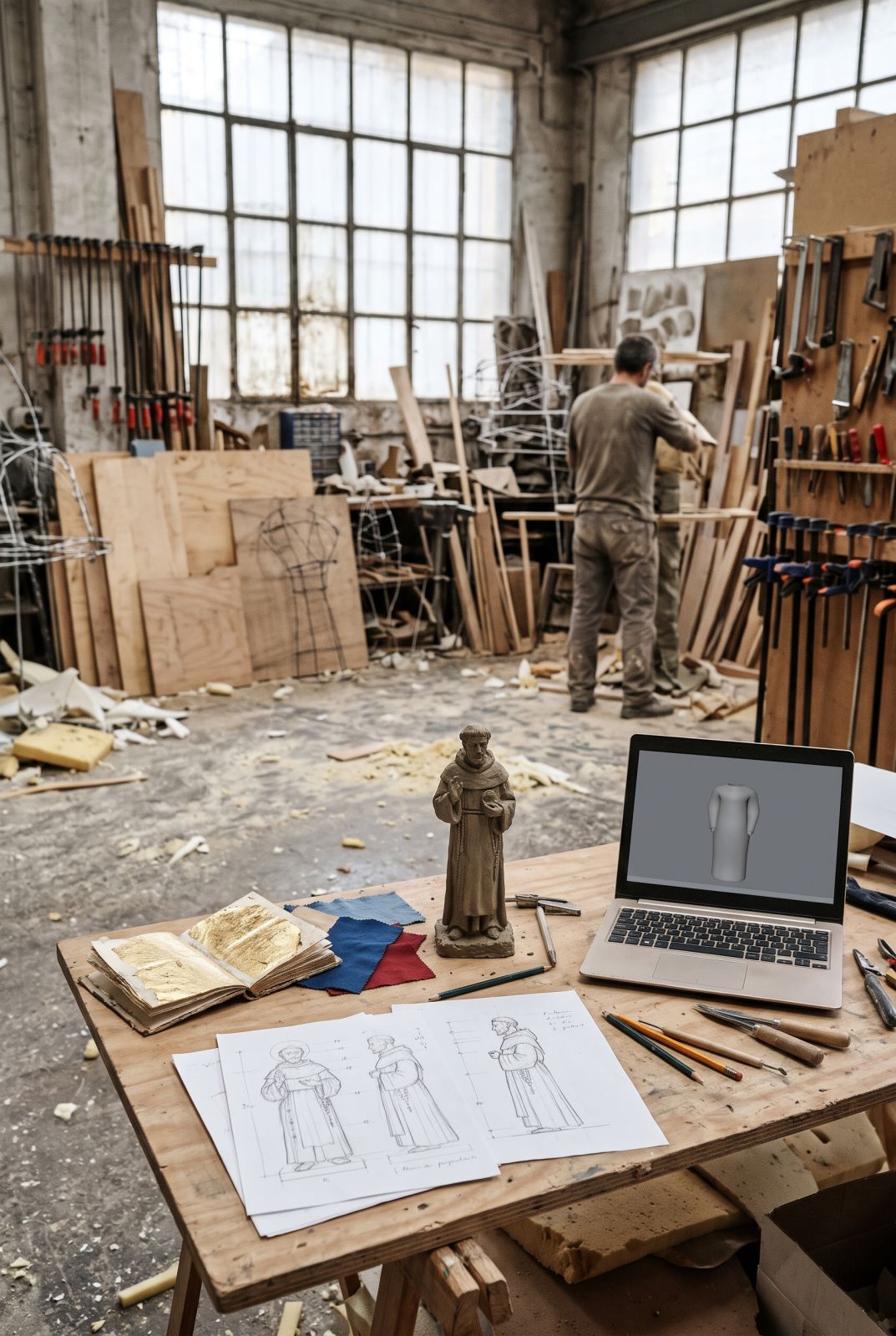 Bocetos de un santo, maqueta pequeña, muestras de tela y portátil con el modelo 3D