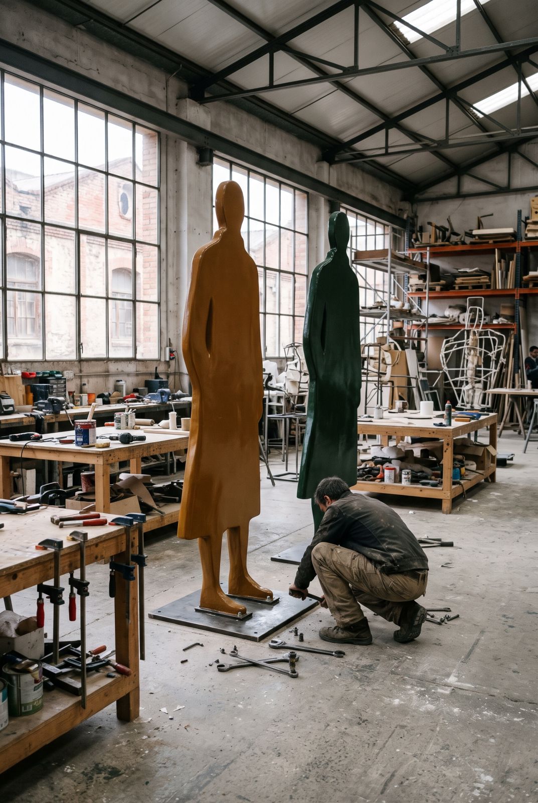 Figuras de fibra de vidrio pintadas para exterior, atornilladas a su placa de anclaje en el taller