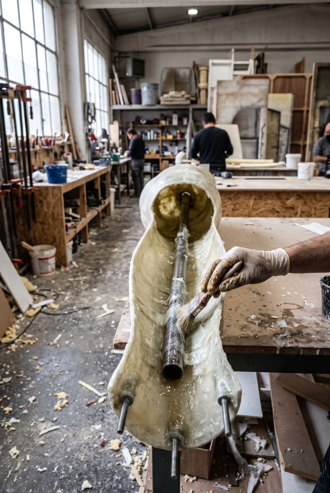 Varillas roscadas y estructura de acero laminadas dentro de la pierna de una figura