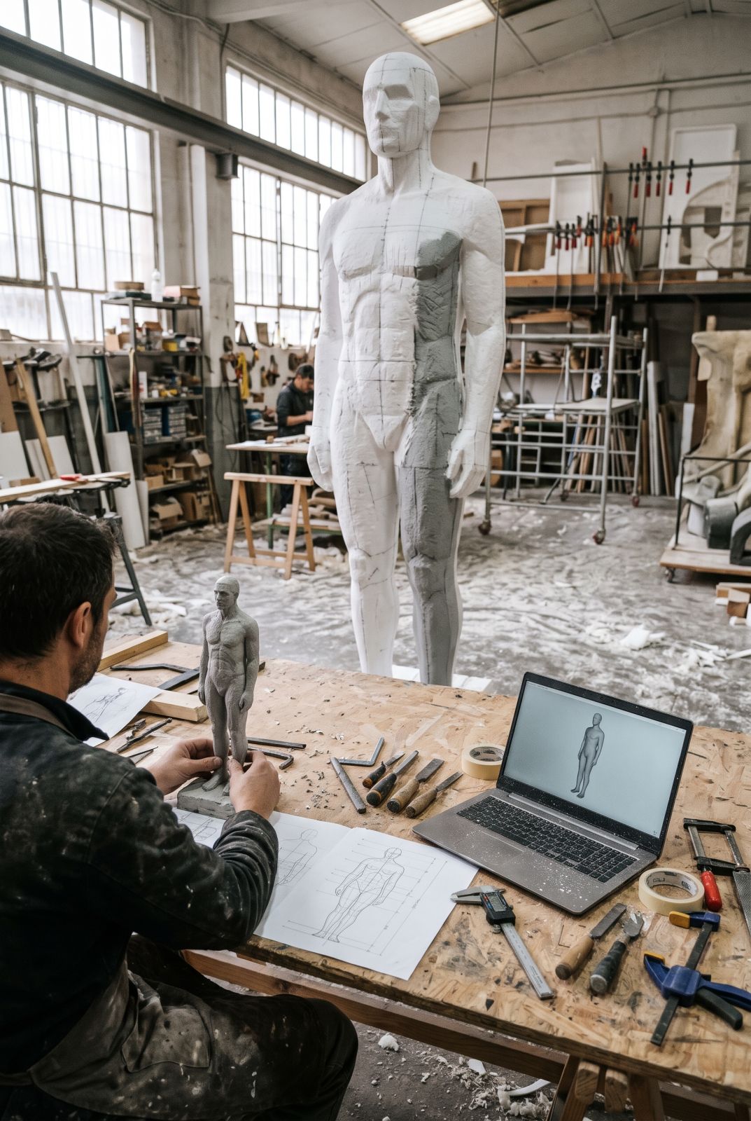 Maqueta a escala junto al modelo a tamaño final en poliespán y portátil con 3D