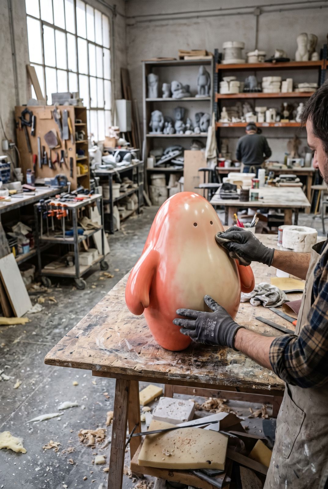 Figuras de resina personalizadas en el taller: un personaje redondeado en coral y crema se pule sobre el banco