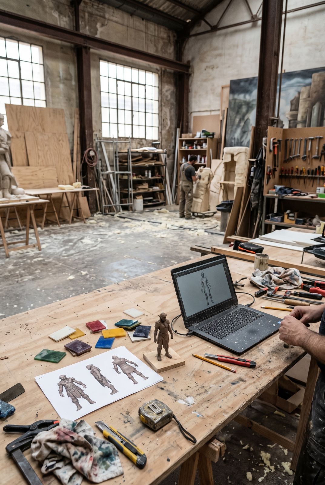 Vistas impresas del personaje, maqueta de arcilla y muestras de resina en el banco