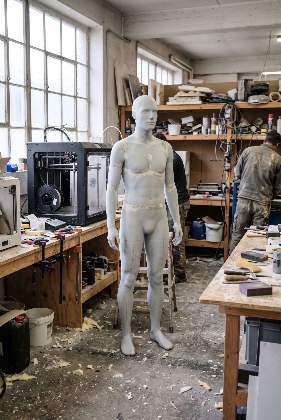Impresión 3D tamaño real de una figura humana por piezas, ya unida y lijada antes de imprimar