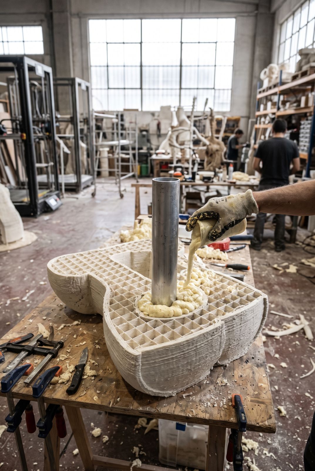 Pieza impresa en 3D abierta con paredes gruesas, relleno interior y espuma