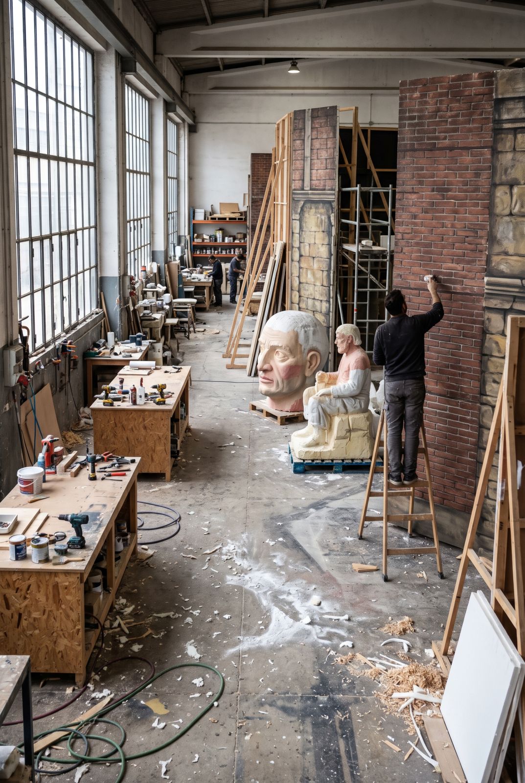 Taller de Kubika, empresa de escenografía, con decorados y figuras a medio pintar