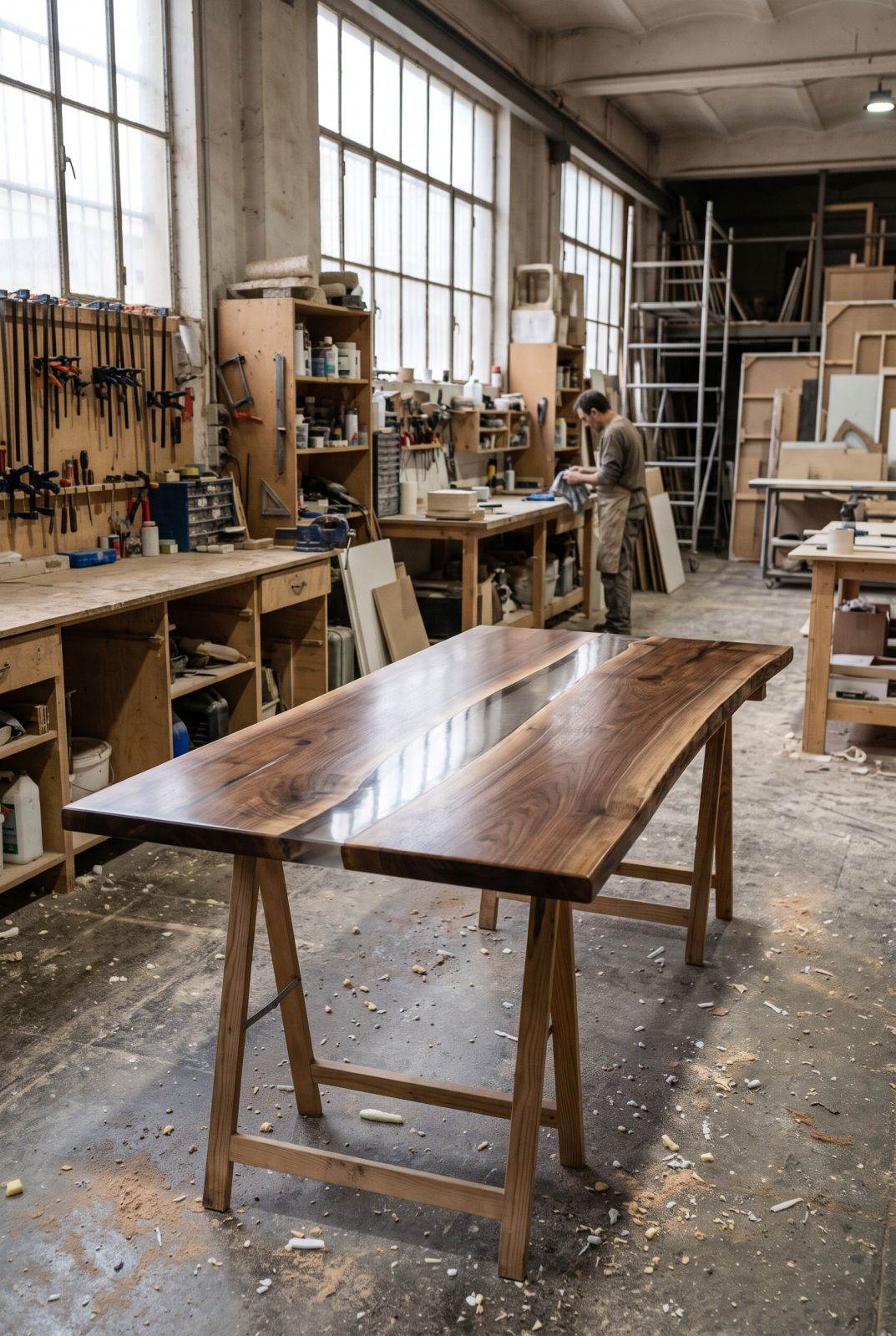 Muebles de resina personalizados para Madrid: mesa río de nogal con epoxi transparente recién pulida en el taller